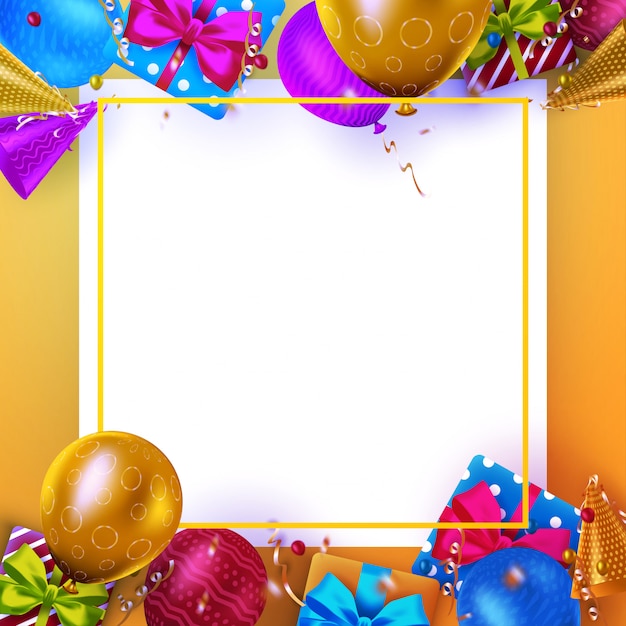 Cartão de aniversário de luxo com caixas de presente colorida, confetes e balões de aniversário em fundo laranja