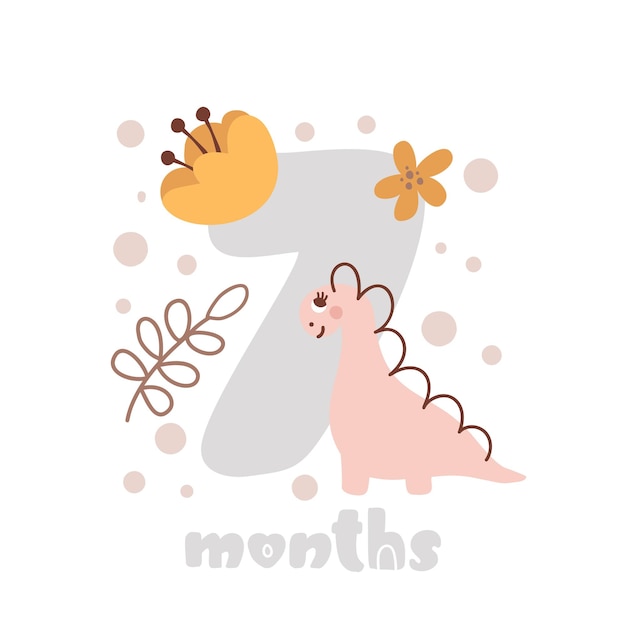Cartão de aniversário de sete meses com estampa de chá de bebê com dinossauro fofo e flores capturando todos os momentos especiais