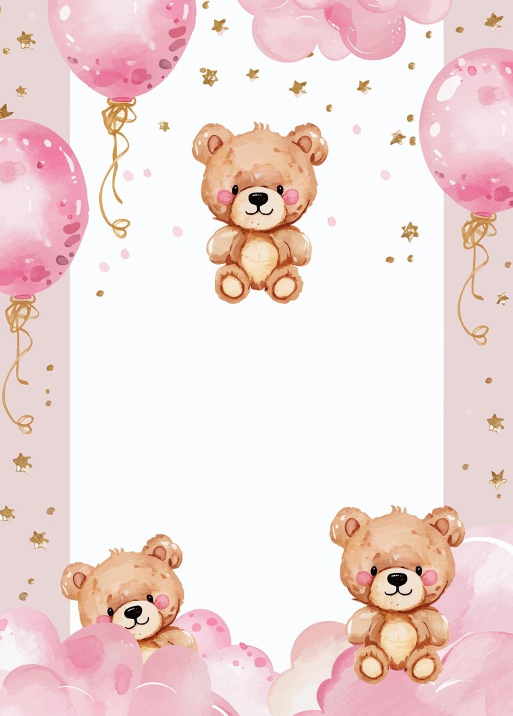 Vetor cartão de aniversário elegante aquarela ilustração de desenho animado vetor de bebê ursinho de pelúcia moldura de aniversário rosa