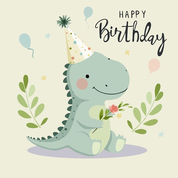 cartão de aniversário ou cartaz com um dinossauro bonito em um boné