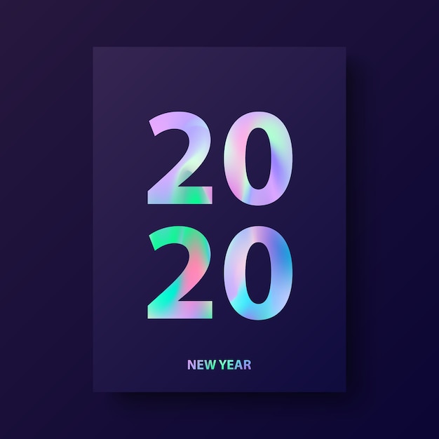 Cartão de ano novo, design moderno de capa com texto holográfico 2020.