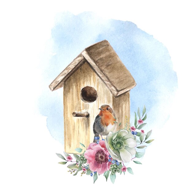 Vetor cartão de aquarela de primavera com uma casa de pássaros e um pássaro contra um céu azul bela ilustração