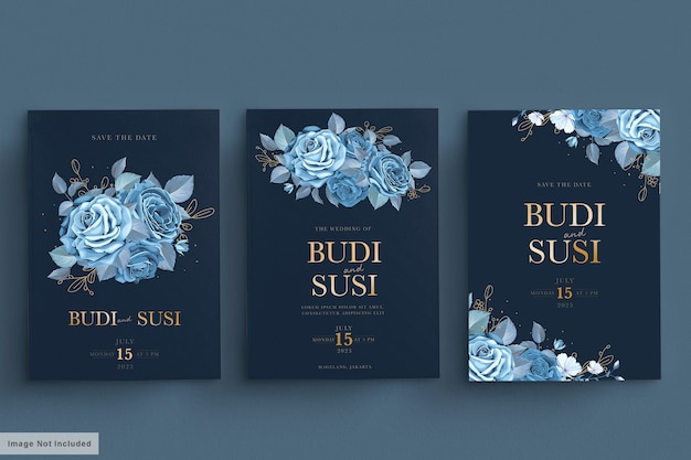 cartão de casamento azul com floral escuro