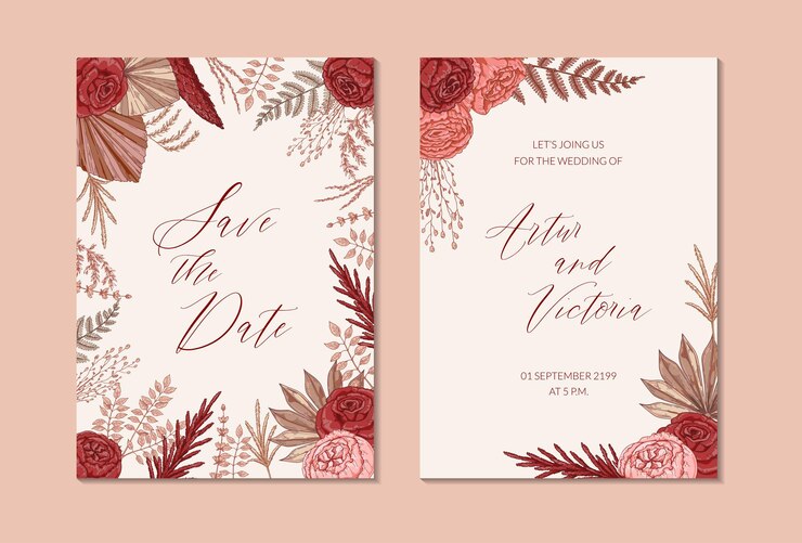 Vetor cartão de casamento boho vertical de dois lados salve a data ilustração vetorial desenhada à mão