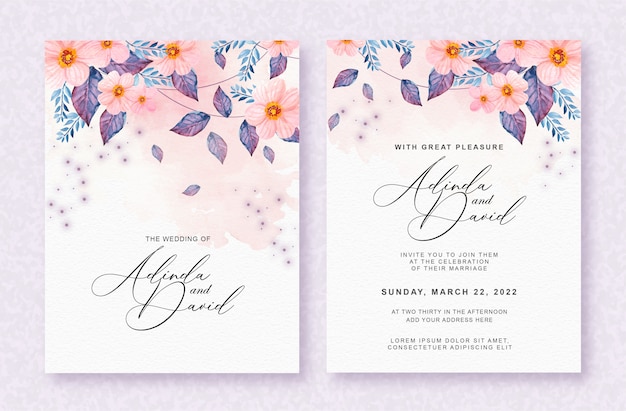 Cartão de casamento bonito com fundo aquarela lindas flores