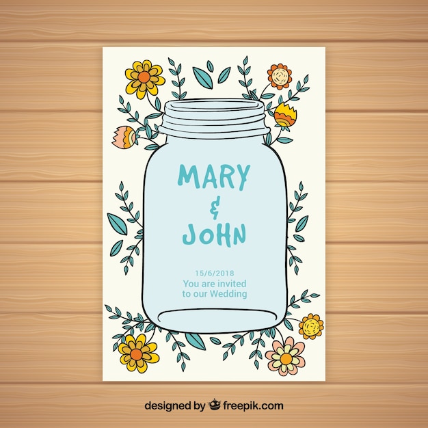 Cartão de casamento com esboços de elementos florais