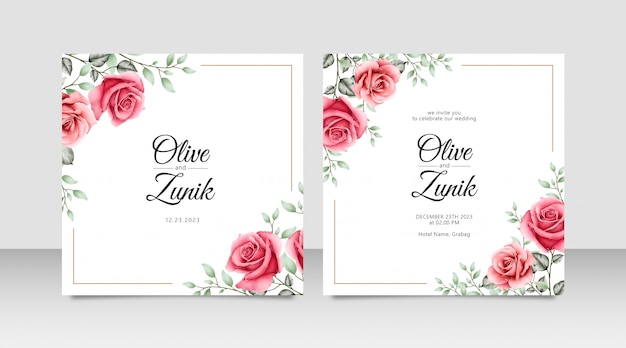 Cartão de casamento conjunto modelo com aquarela de flores rosas