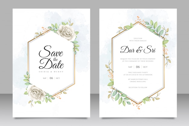 Cartão de casamento conjunto modelo com flores e folhas em aquarela
