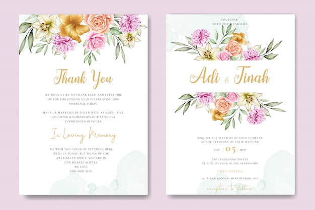 Cartão de casamento da aguarela conjunto modelo com lindas florais e folhas