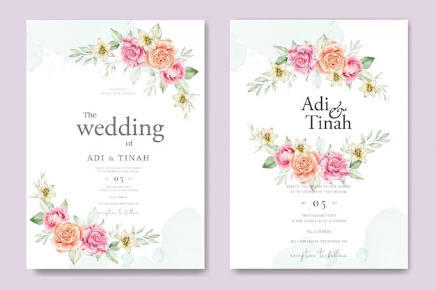 Vetor cartão de casamento da aguarela conjunto modelo com lindas florais e folhas