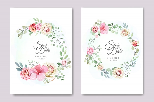 cartão de casamento e convite com modelo floral e folhas elegante