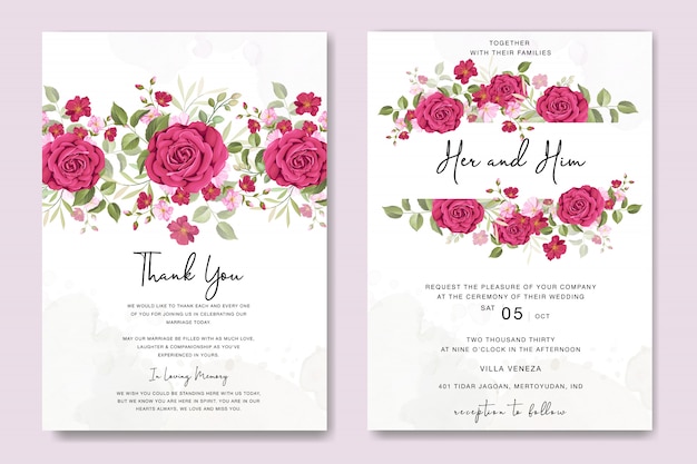 cartão de casamento floral lindo com modelo de quadro de rosas