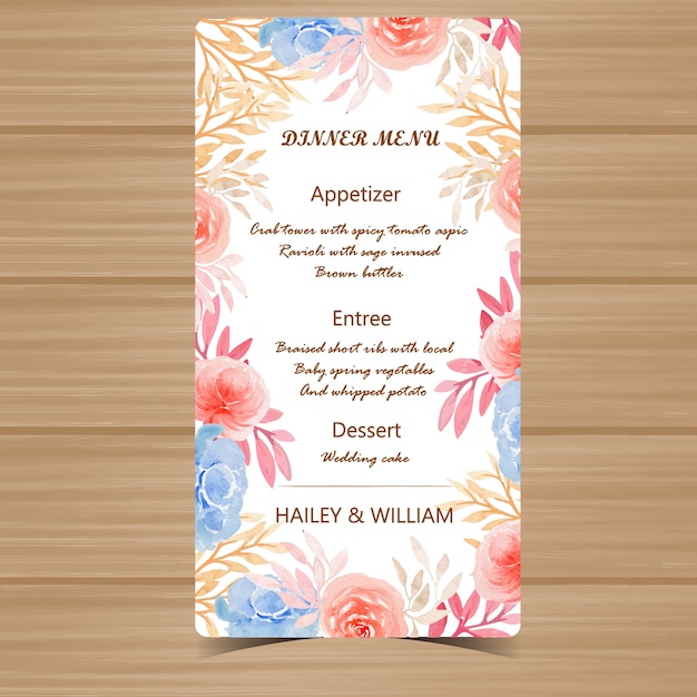 Cartão de casamento Floral menu com flores de outono e folhas