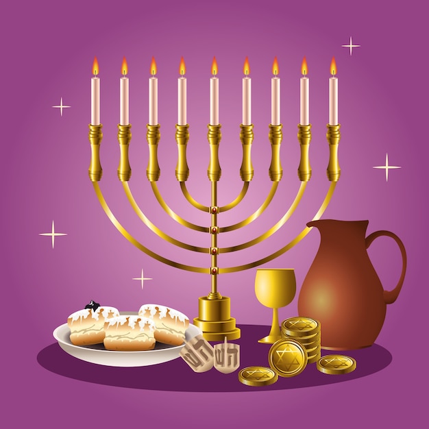 Cartão de celebração feliz hanukkah com candelabro e elementos dourados