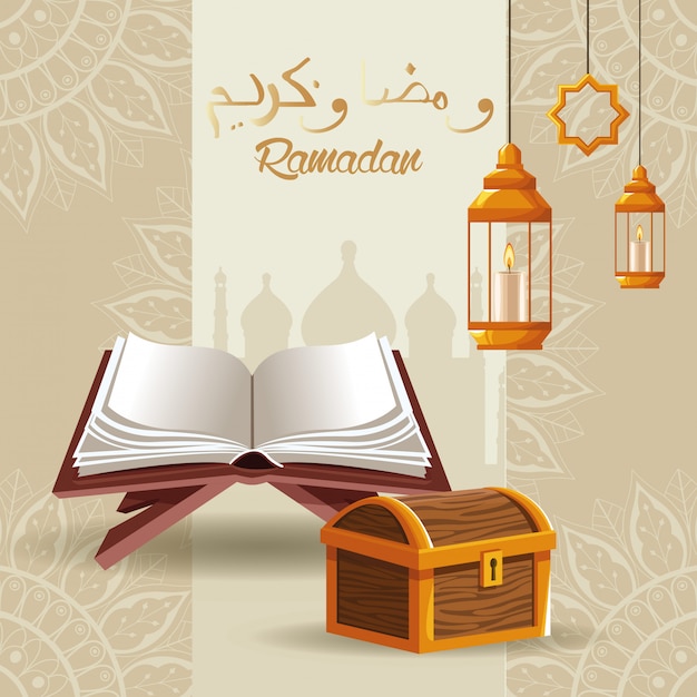 Cartão de celebração ramadan kareem com baú de madeira e livro