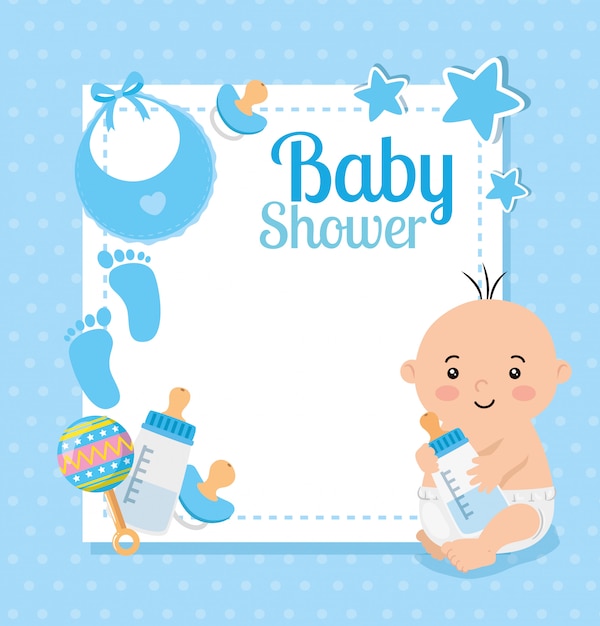 Vetor cartão de chuveiro de bebê com bebê menino e decoração