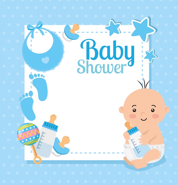 Cartão de chuveiro de bebê com bebê menino e decoração