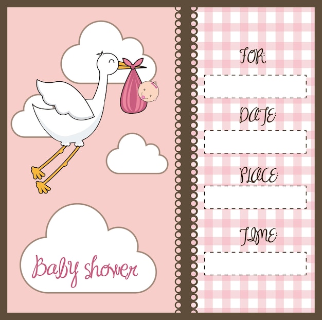 Cartão de chuveiro de bebê rosa com ilustração vetorial de cegonha e bebê