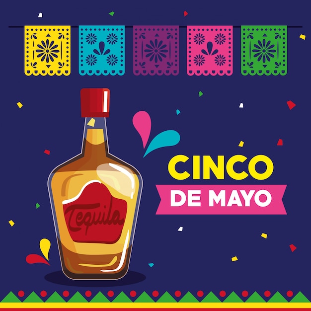 Cartão de cinco de maio com tequila de garrafa e decoração design de ilustração vetorial