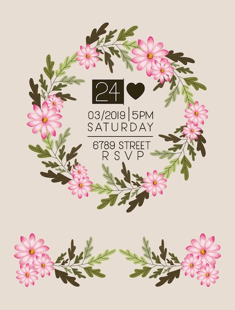 Cartão de convite com coração e coroa floral