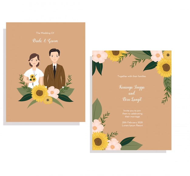 cartão de convite com ilustração de casal fofo e coroa de flores de sol