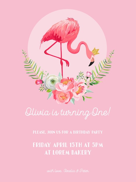 Cartão de convite de aniversário de bebê com ilustração de lindos flamingo e flores, anúncio de chegada, saudações em vetor