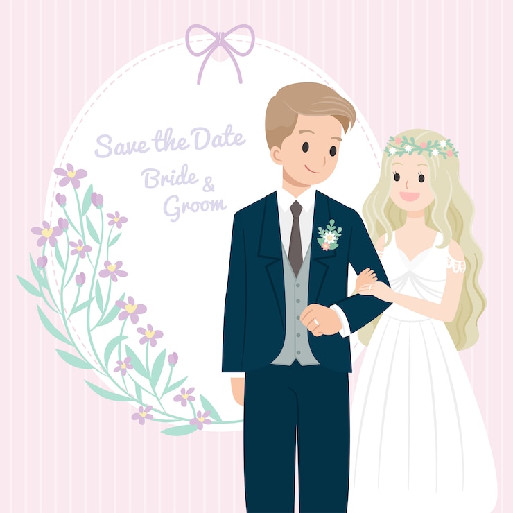 cartão de convite de casal de casamento de personagem de desenho animado