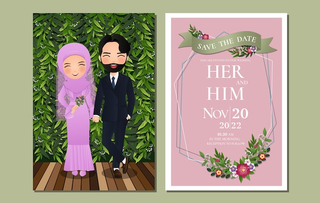 Cartão de convite de casamento a noiva e o noivo bonito casal muçulmano personagem de desenho animado com fundo de folhas verdes.