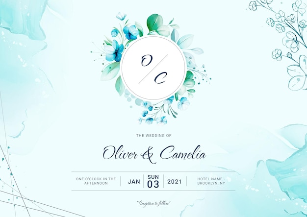 Cartão de convite de casamento azul com decoração floral aquarela e paisagem de fundo abstrato