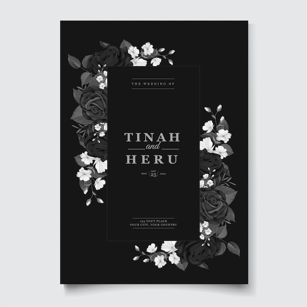 Cartão de convite de casamento bonito com guirlanda floral preta