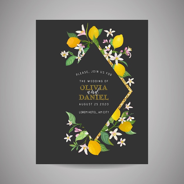 Cartão de convite de casamento botânico, vintage save the date, design de modelo de limões frutas flores e folhas, ilustração de flor. capa da moda de vetor, pôster gráfico, brochura