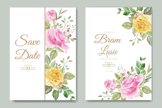 Cartão de convite de casamento com aquarela de folhas florais