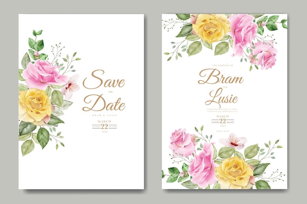 Cartão de convite de casamento com aquarela de folhas florais