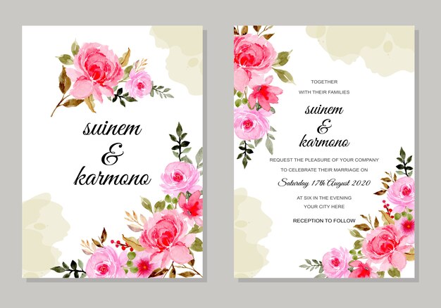 cartão de convite de casamento com aquarela flor rosa