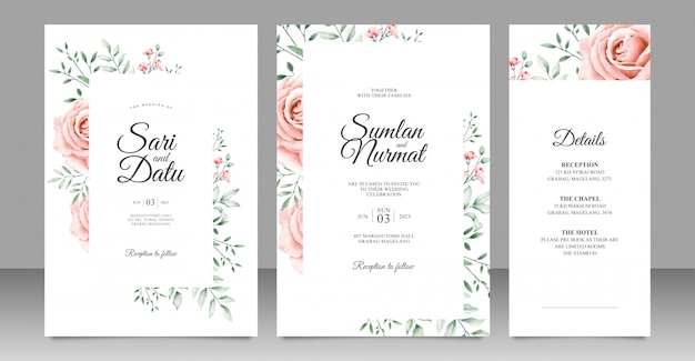 Cartão de convite de casamento com aquarela floral linda moldura