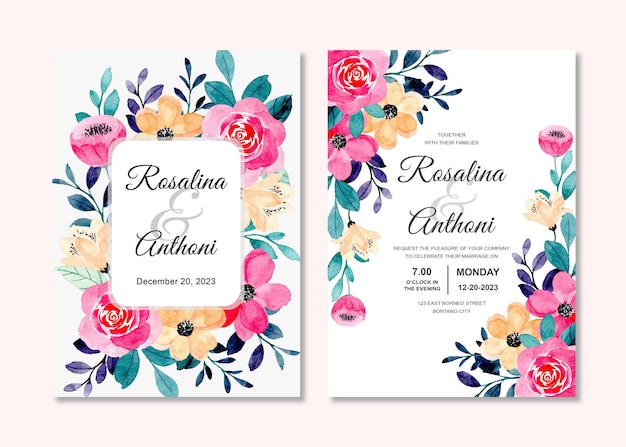 Cartão de convite de casamento com aquarela floral pêssego rosa