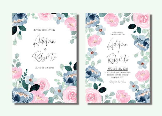 Cartão de convite de casamento com aquarela floral rosa azul