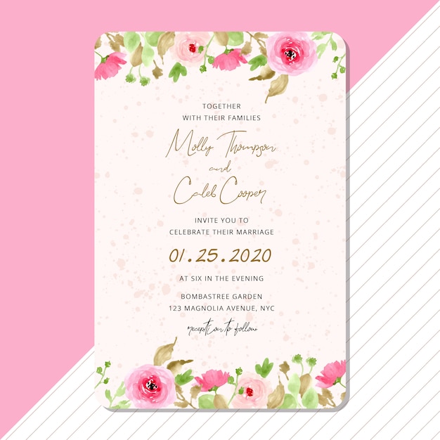 Cartão de convite de casamento com aquarela floral rosa de fronteira