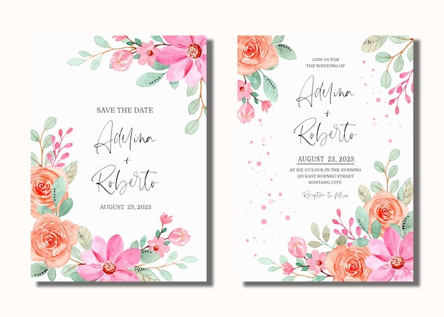 Cartão de convite de casamento com aquarela floral rosa laranja