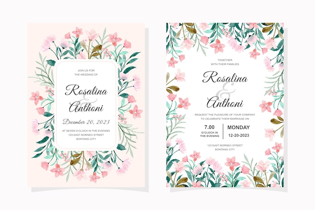 Cartão de convite de casamento com aquarela floral rosa
