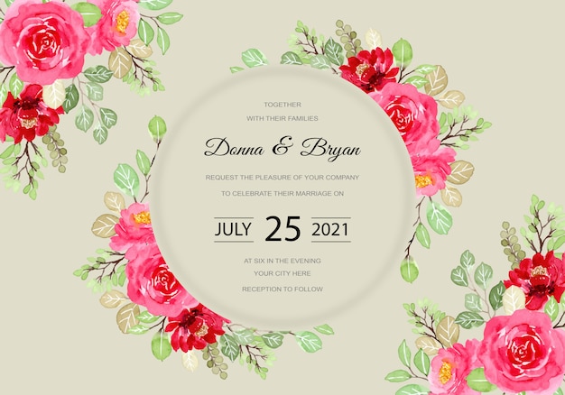 Cartão de convite de casamento com aquarela floral rosa