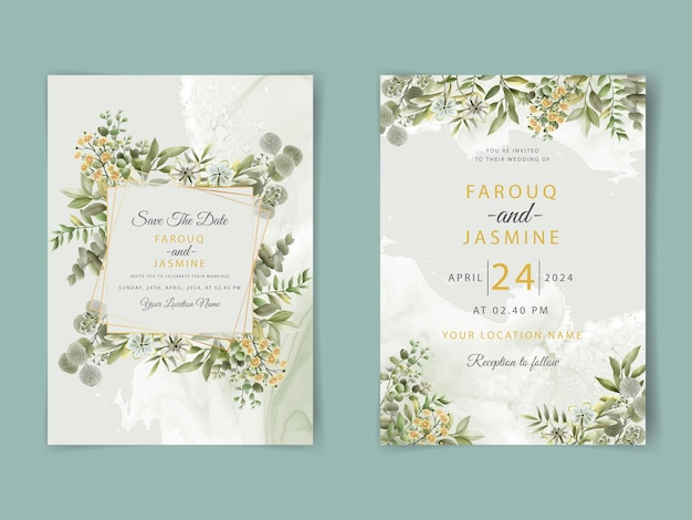 Cartão de convite de casamento com aquarela floral verde