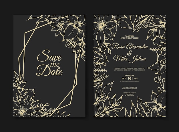 Cartão de convite de casamento com esboço desenhado à mão luxo floral