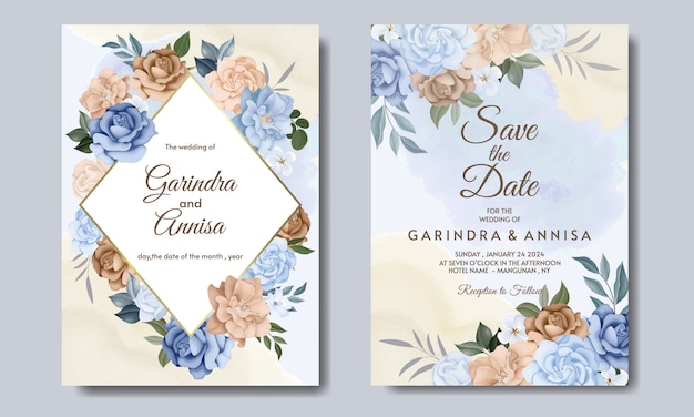 Cartão de convite de casamento com floral azul e marrom colorido e folhas vetor premium