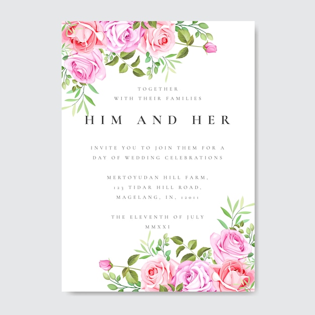 Cartão de convite de casamento com floral colorido e folhas