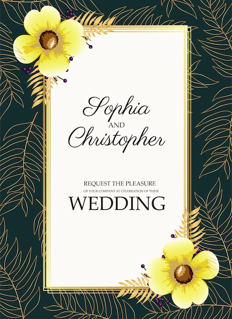 Cartão de convite de casamento com flores amarelas nos cantos.