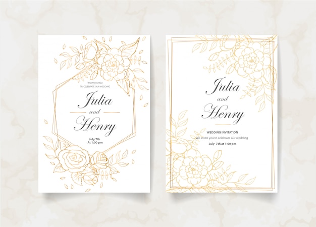 Cartão de convite de casamento com flores douradas, folhas e galhos