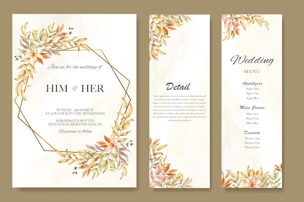 Cartão de convite de casamento com folhas de outono e modelo de menu