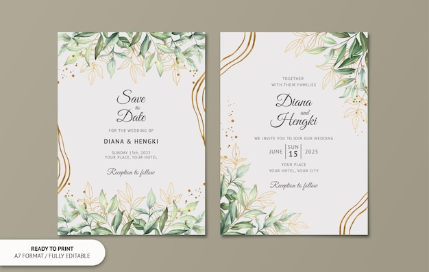 Vetor cartão de convite de casamento com folhas em aquarela de ouro