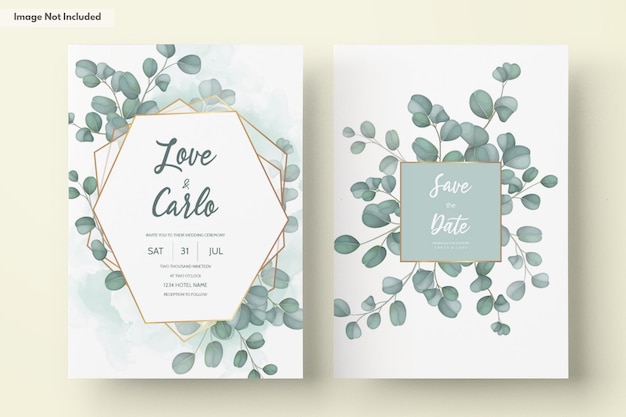 Cartão de convite de casamento com folhas verdes de eucalipto